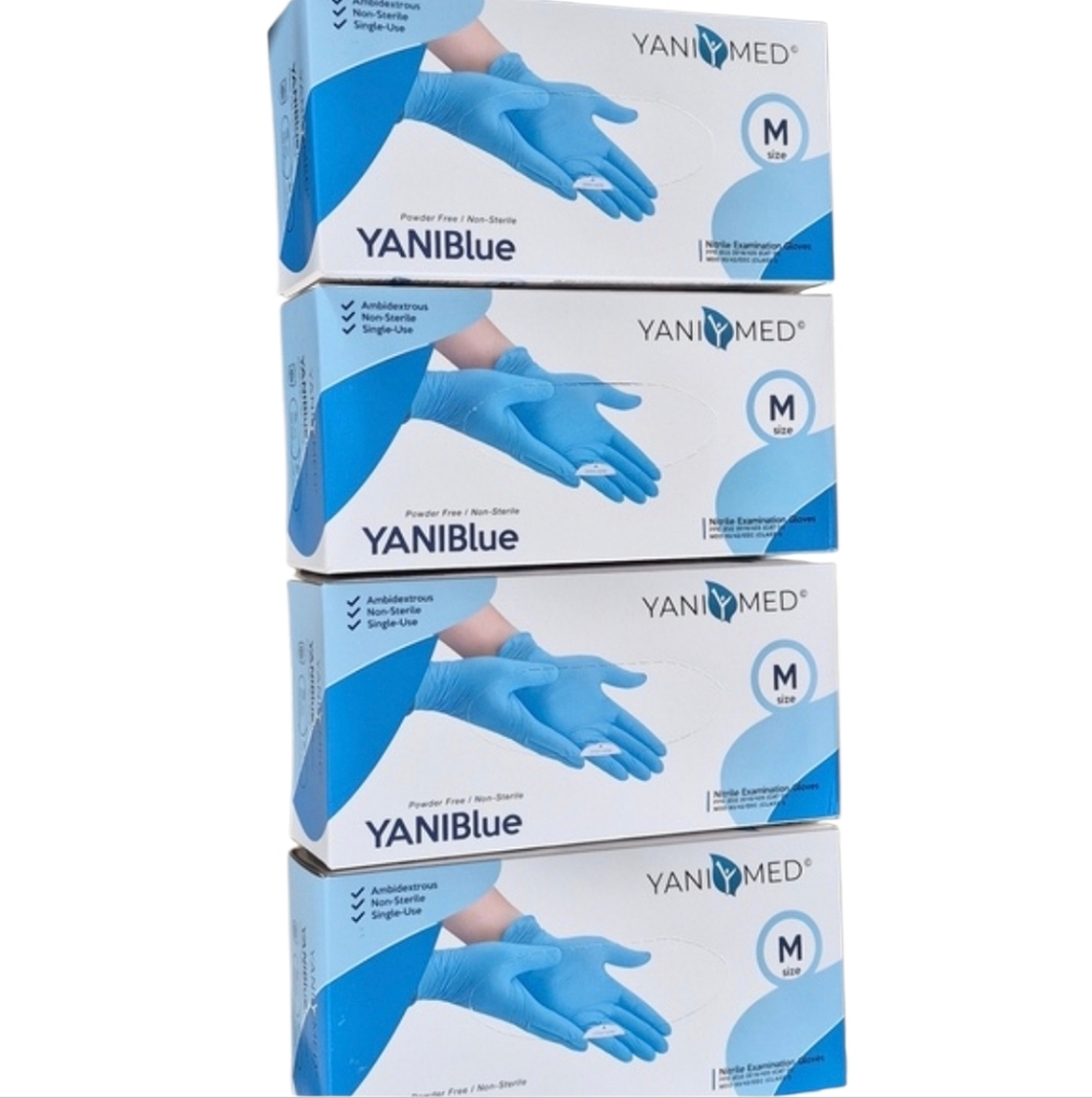 4 YANIBlue Salon Examination Essentials Blue Nitrile Gloves-100 Gloves(Med, Blue